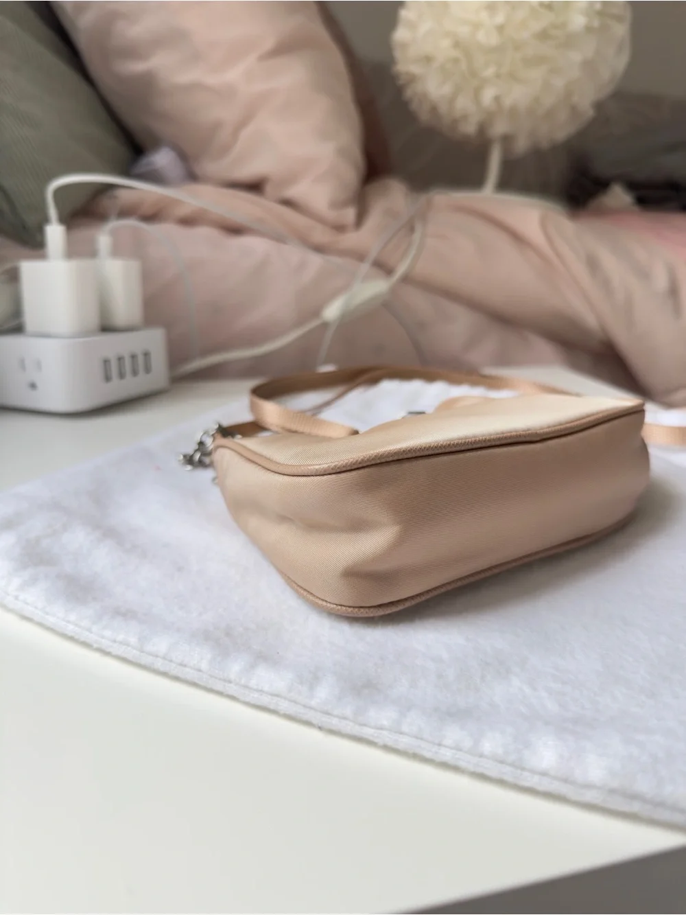 Prada Mini Nylon Shoulder Bag in Beige with Silver Chain - Picture 9 of 11